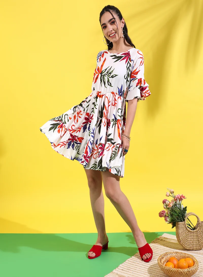 Pinacolada  Women's Printed Multicolour Short Sleeve Mini Length Regular Fit Dress For Casual Wear | Crewneck Dress Crafted With Comfort Fit And High Performance For Everyday Wear for Women | Best Price UAE
